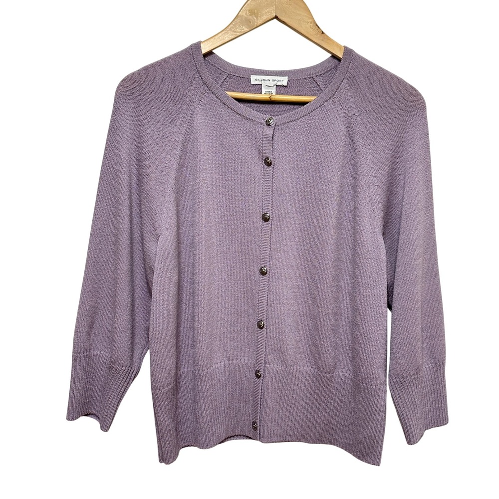 St John Sport Knit Cardigan Sweater Women Large* Lavender Wool Blend Preppy